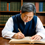 A dedicated adult student, deeply immersed in studying traditional Korean medicine, dressed in professional, modest attire. Seated at a wooden desk in a quiet, warmly lit study, surrounded by ancient-looking medical scrolls and modern anatomy textbooks. A classic "Donguibogam" style book is open on the desk, with the student's hands resting on it, reflecting intense focus. The blurred background shows shelves filled with more books, creating an atmosphere of deep learning. High-resolution professional photography, soft ambient lighting, natural pose, correct proportions, well-formed hands, proper finger count, natural body proportions, fully clothed, modest clothing, appropriate attire, professional, safe for work, appropriate content, family-friendly, perfect anatomy.