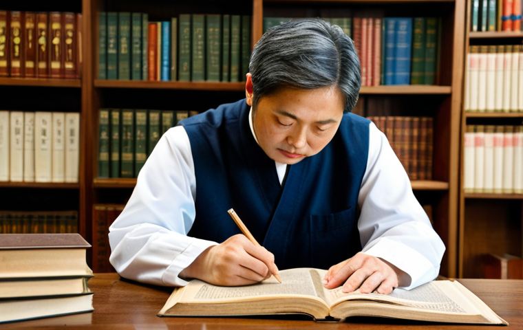 A dedicated adult student, deeply immersed in studying traditional Korean medicine, dressed in professional, modest attire. Seated at a wooden desk in a quiet, warmly lit study, surrounded by ancient-looking medical scrolls and modern anatomy textbooks. A classic "Donguibogam" style book is open on the desk, with the student's hands resting on it, reflecting intense focus. The blurred background shows shelves filled with more books, creating an atmosphere of deep learning. High-resolution professional photography, soft ambient lighting, natural pose, correct proportions, well-formed hands, proper finger count, natural body proportions, fully clothed, modest clothing, appropriate attire, professional, safe for work, appropriate content, family-friendly, perfect anatomy.