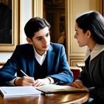 A Parisian Café Mentorship**

"A young, fully clothed student in modest attire, sitting at a table in a classic Parisian café with a more experienced mentor (professional dress). They are discussing notes and documents. Soft, natural lighting, safe for work, appropriate content, professional guidance, perfect anatomy, correct proportions, family-friendly."

**