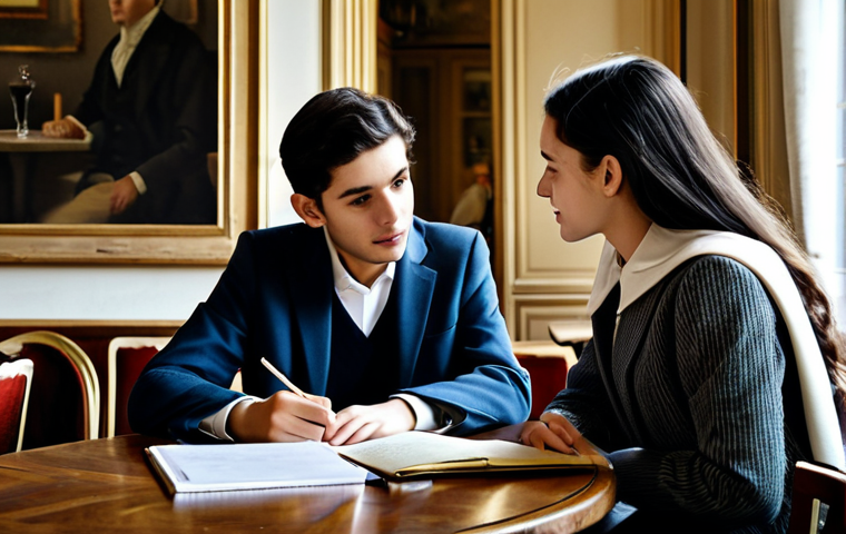 A Parisian Café Mentorship**

"A young, fully clothed student in modest attire, sitting at a table in a classic Parisian café with a more experienced mentor (professional dress). They are discussing notes and documents. Soft, natural lighting, safe for work, appropriate content, professional guidance, perfect anatomy, correct proportions, family-friendly."

**