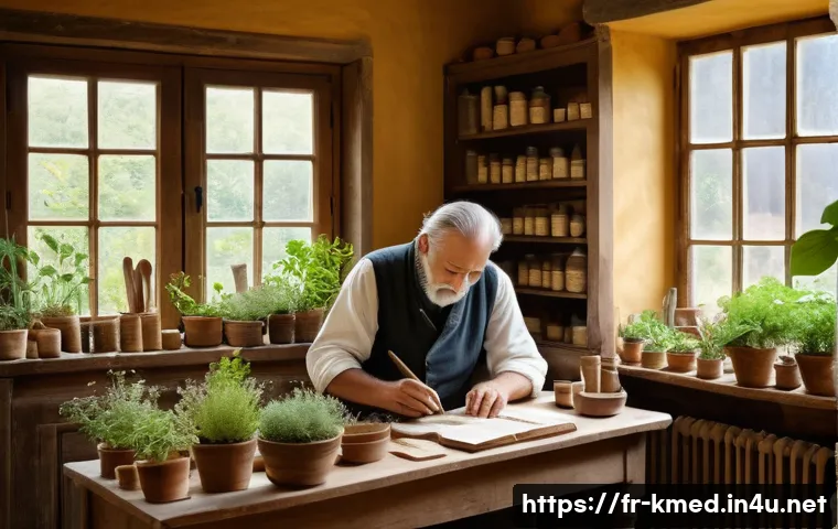 한의사 전문 분야 선택 과정 - A serene and detailed scene of a traditional herbalist&rsquo;s consultation room in a cozy French countrys...