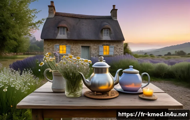 한의학과 전통 치료법 - A serene French countryside herbal garden at dawn, filled with chamomile, peppermint, turmeric, and ...