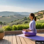 한의사와 대체의학 - A serene French countryside morning scene featuring a middle-aged woman practicing gentle yoga on a ...