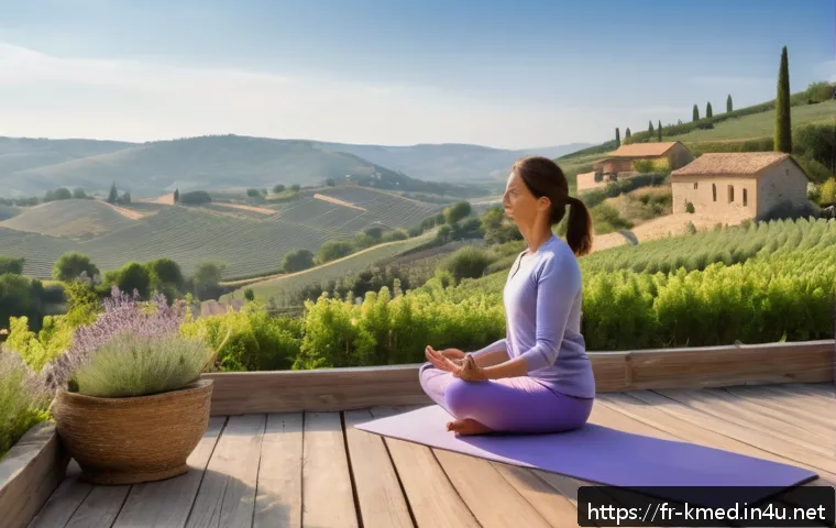 한의사와 대체의학 - A serene French countryside morning scene featuring a middle-aged woman practicing gentle yoga on a ...