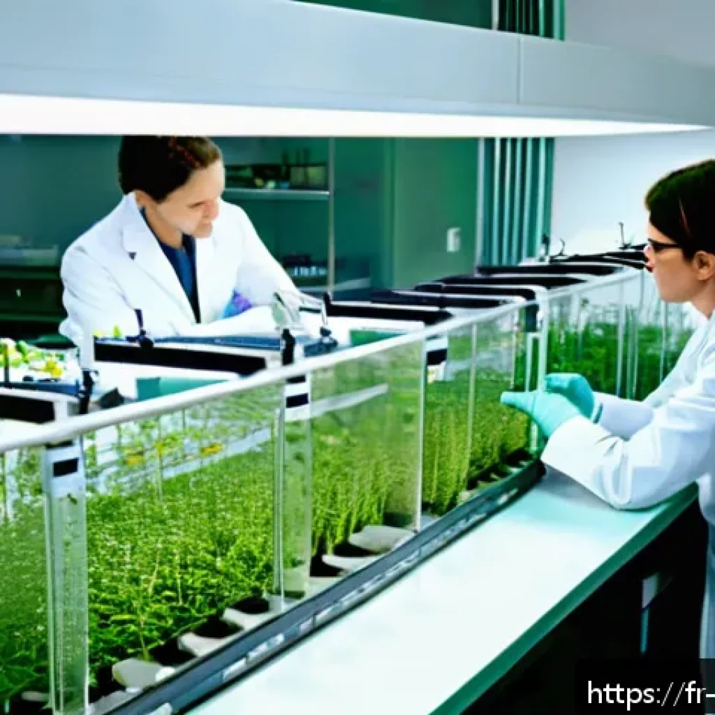 한의사와 약재 연구 개발 - A modern botanical research laboratory scene in France, featuring scientists in white lab coats anal...