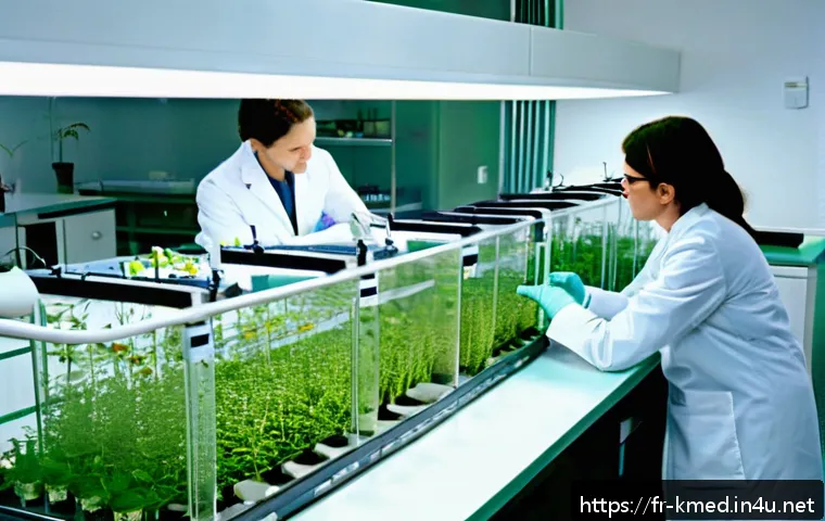 한의사와 약재 연구 개발 - A modern botanical research laboratory scene in France, featuring scientists in white lab coats anal...
