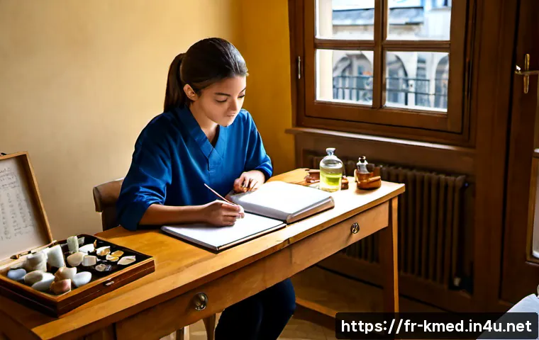 한의사 자격 취득 방법 - Photorealistic French student preparing for a traditional medicine practitioner career, seated at a ...